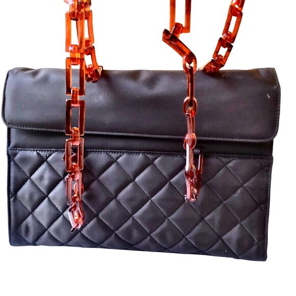 Vintage Brown Quilted Nylon Shoulder Handbag Plastic Chain Handles New - Picture 5 of 13